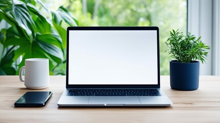 A modern workspace featuring a laptop with a blank screen, a coffee mug, a smartphone, and a potted plant on a wooden desk.