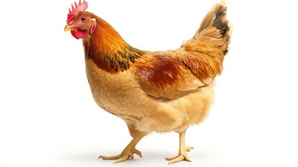 Fototapeta premium Close-up of a vibrant Rhode Island Red hen standing alert and facing forward on a white background, studio shot.