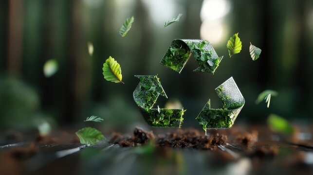A beautifully designed recycling symbol made of leaves and earth, embodying environmental consciousness and sustainability in a lush forest backdrop.