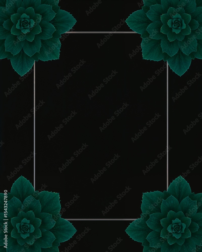 Poster dark background with a square frame and four green succulent plants in each corner of the frame