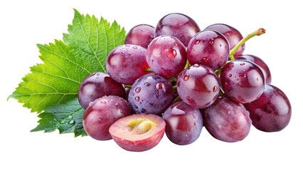 A fresh bunch of red grapes with green leaf and half grape showing