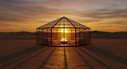 Illuminated glass structure at sunset