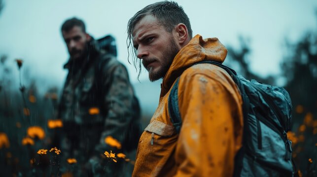 Two men in rain gear navigating a vibrant field of flowers amidst rain, depicting resilience and camaraderie in the midst of an adventurous outdoor experience. - Powered by Adobe