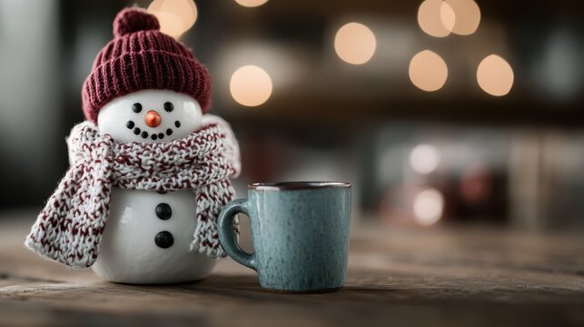 A delightful snowman adorned with a scarf and hat, holding a cozy mug, exuding warmth and a joyful spirit amidst a winter setting filled with festive cheer.