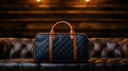 A sleek black travel bag with brown accents rests atop a leather sofa, emphasizing modern design and practicality for the discerning traveler seeking style and convenience.