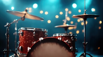 A captivating image of a drum set illuminated by stage lights creates an energetic atmosphere, perfect for evoking excitement and musical creativity in live performance settings.