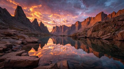 Obraz premium Vibrant Sunset Reflecting on a Mountain Lake