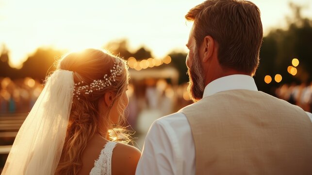 A tender moment shared between a couple during their wedding ceremony as they gaze towards the sunset, creating a romantic and intimate atmosphere infused with love.