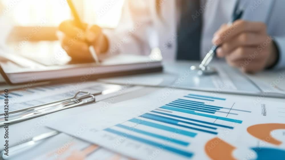 Poster a businessman working on financial analysis using charts and graphs in a professional office setting