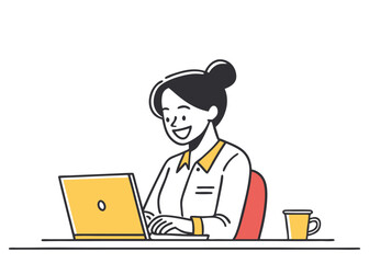 Vector illustration of a woman sitting comfortably with a laptop in a cozy home setting, representing remote work and digital productivity.
