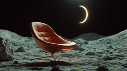 A visually stunning concept of a modern chair placed on a lunar surface illuminated by a crescent moon, merging futuristic design with surrealistic elements of space and exploration.