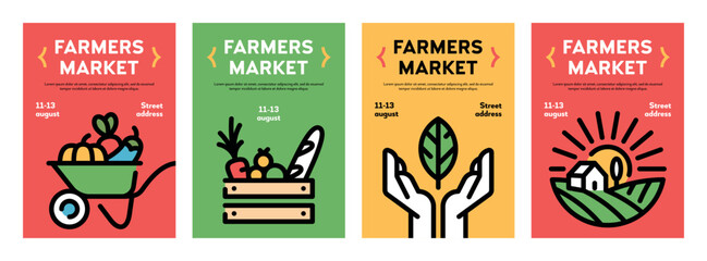 Farmer market poster illustration set. Creative farm event icon backgrounds with place for text. Food festival flyers with farmer, organic products. Line fruit and vegetable shop banner templates