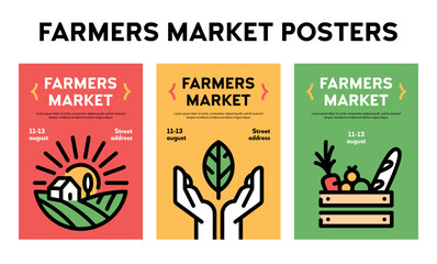 Vector farmers market poster illustration set. Farm event icon backgrounds with place for text. Line fruit and vegetable shop banner templates. Food festival flyers with farmer, organic products