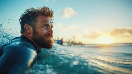 Fototapeta premium A rugged surfer navigates vibrant ocean waves, with the sun setting in the background, embodying adventure, freedom, and the thrill of embracing the ocean's raw beauty.