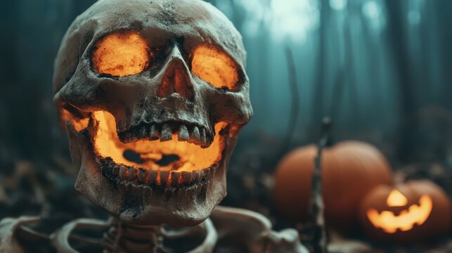 A haunting skeleton stands in a foggy forest, its eye sockets glowing. Nearby, carved pumpkins add an eerie charm, creating an atmospheric Halloween setting of mystery.