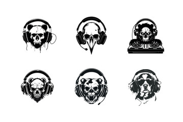 Animal skull dj silhouettes with headphones