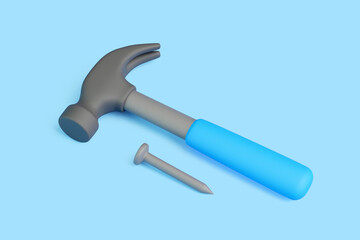 3D Claw Hammer and Nail on Blue Background