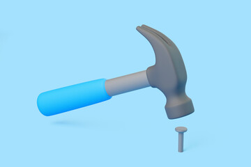 3D hammer with blue handle hitting nail on light blue background