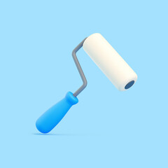 3D Paint Roller with Blue Handle on Solid Blue Background