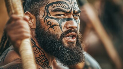 A man with a beard and tattoos on his face holding a stick.