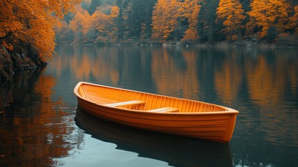 Orange rowboat on calm autumn lake, surrounded by colorful trees