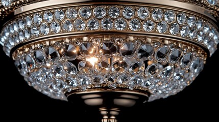 Ornate crystal ceiling fixture, detailed close-up view of glittering facets and warm light