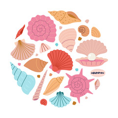 Round summer composition with various seashells and starfish. Marine art for beach themes and nautical decor. Trendy modern vector illustration isolated on white background, hand drawn, flat design