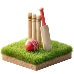 Cricket game equipment on a grassy pitch bat ball wickets