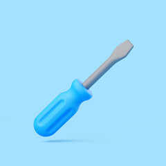 Floating 3D Flathead Screwdriver with Blue Handle on Blue Background