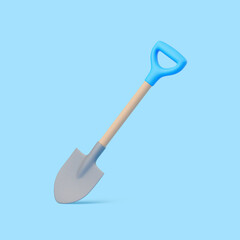 3D Garden Shovel Standing with Blue Handle on Light Blue Background