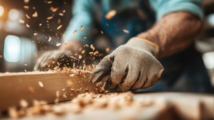A skilled craftsman working meticulously with wood, showcasing the artistry and dedication involved in woodworking, capturing the beauty of craftsmanship in action.