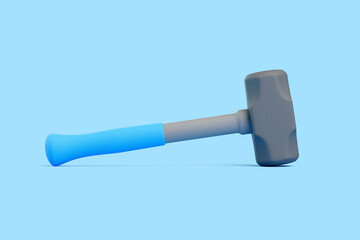 3D Sledgehammer with Blue Handle Lying on Blue Background
