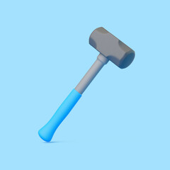 3D sledgehammer with rounded head and blue handle on light blue background