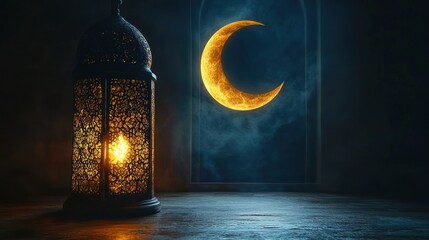Ornate lantern, glowing candlelight, crescent moon, dark background