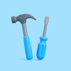 3D Hammer and Screwdriver with Blue Handles on Light Blue Background