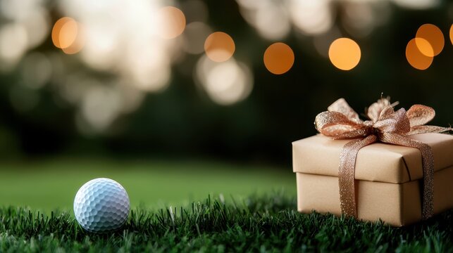A golf ball and a beautifully wrapped present sit on vibrant green grass, combining elements of sport and celebration, perfect for leisure and special occasions.
