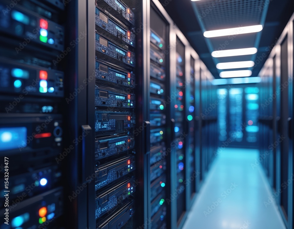Poster server room with many server racks stacked on. modern data center with high-tech equipment, servers,