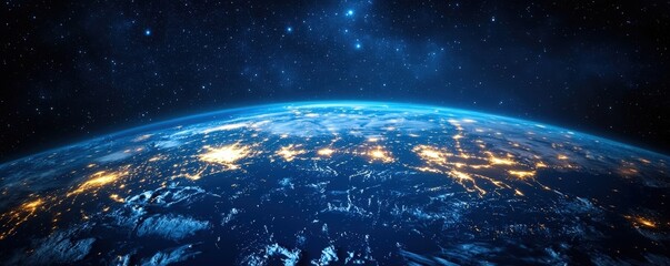 A stunning view of Earth from space at night, showcasing illuminated cities under a starry sky.