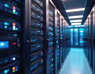 Server room with many server racks stacked on. Modern data center with high-tech equipment, servers, cabling. Database servers, computing, cloud, data storage, backup. Digital cyberspace, cyber