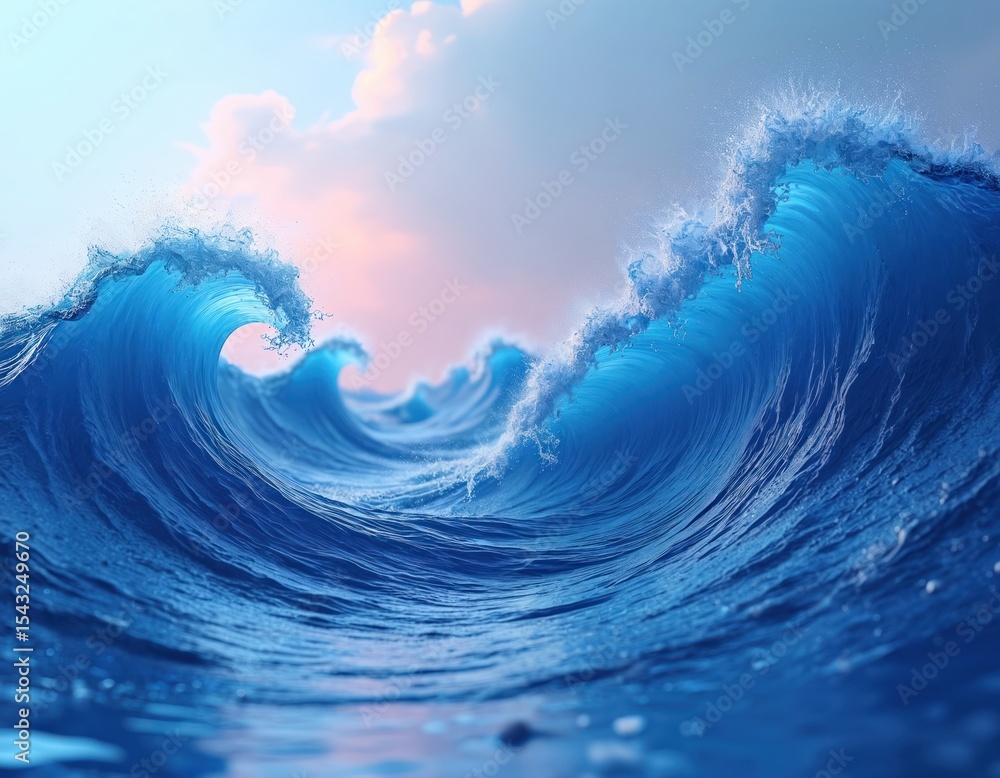 Poster dynamic digital art with vibrant twisted waves against blue gradient background. 3d abstract design 