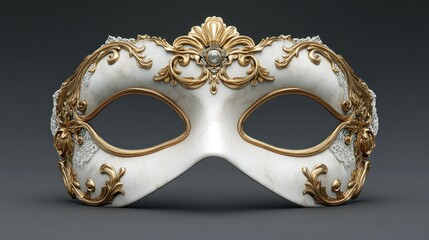Ornate white masquerade mask with gold accents. Detailed carvings and embellishments