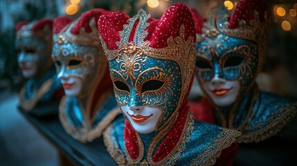 Ornate Venetian-style masks in red, blue, and silver