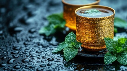 Ornate metallic cups of tea with fresh mint leaves on a wet surface