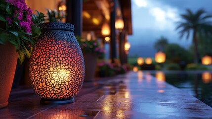 Outdoor lantern, warm glow, tropical setting
