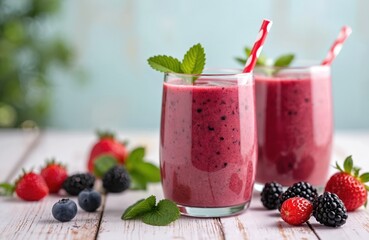 Fresh berry smoothie in glass, straw, mint leaves. Refreshing drinks made from mixed berries strawberry, blueberry, raspberry and blackberry. Healthy breakfast, summer beverages.