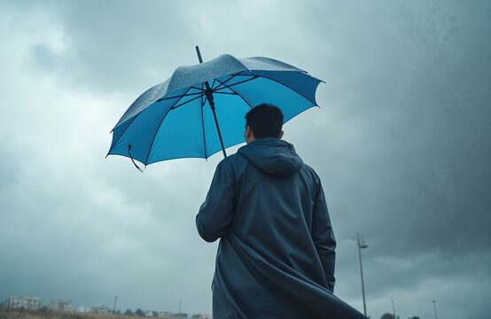 Man stands against strong wind holding blue umbrella. Stormy weather, overcast sky. Person in coat battles windy conditions. Atmospheric scenery with rain. Resilience, urban environment, struggle,