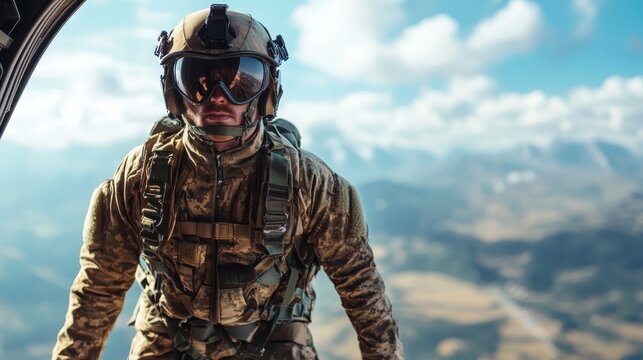The image portrays a soldier in full gear at the edge of an open aircraft door, preparing for a jump into the vast landscape below, evoking adventure and bravery.