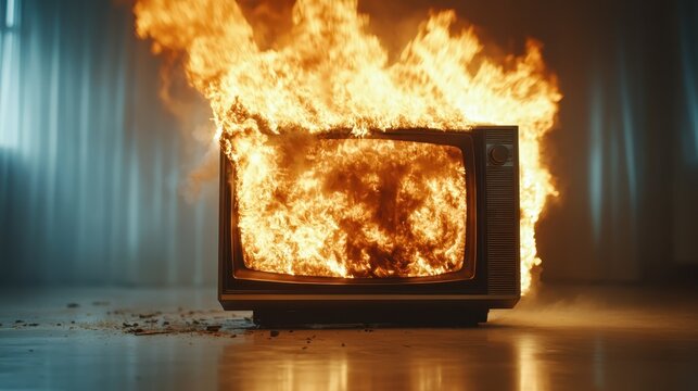 An old television set burns fiercely with bright flames, serving as a powerful metaphor for destruction and change, captured in a stark, dramatic light-filled environment.