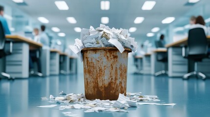 A cluttered office setting showcases a rusty trash bin overflowing with crumpled papers, highlighting the chaos and demands of a busy workplace and office life.