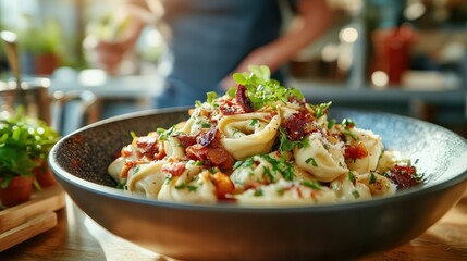 An inviting bowl of pasta adorned with crispy bacon and fresh herbs captures the essence of warmth and comfort food, perfect for family gatherings or special occasions.